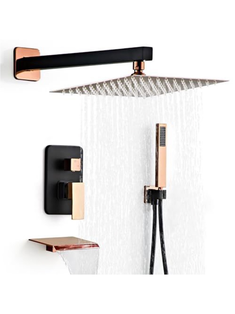 Matte Black and Rose Gold Rain Shower Set - Luxury Wall-Mount Shower System